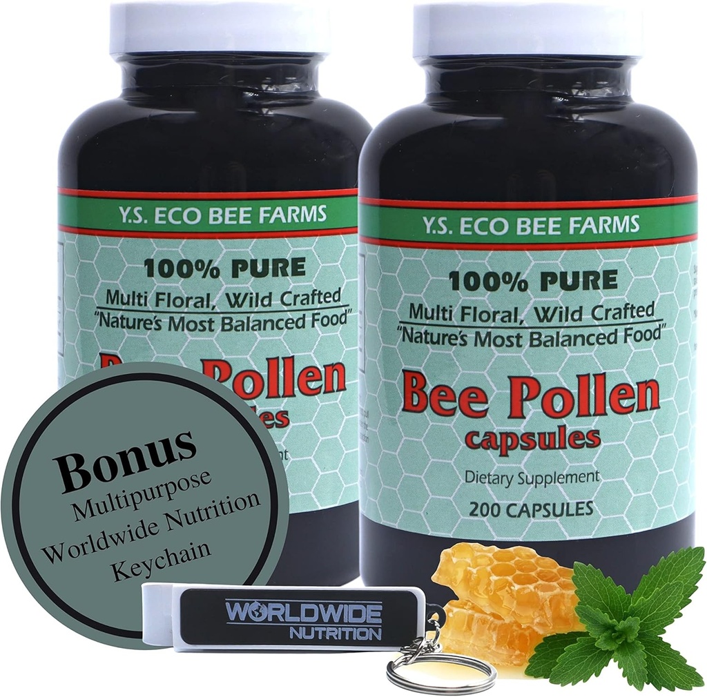 Y.S. Eco Bee Farms 100% Αγνή, άγρια βιοτεχνημένη Μέλισσα κάψουλες γύρη - Βιολογικές Μέλισσα Γύρη Συμπληρώματα Βιταμίνης Αμινοξέα, Βιολογικές Πρωτεΐνη, Βιταμίνη C, Βιταμίνη B12 Χωρίς γλουτένη 2pk των 200ct w Bonus Key Chain