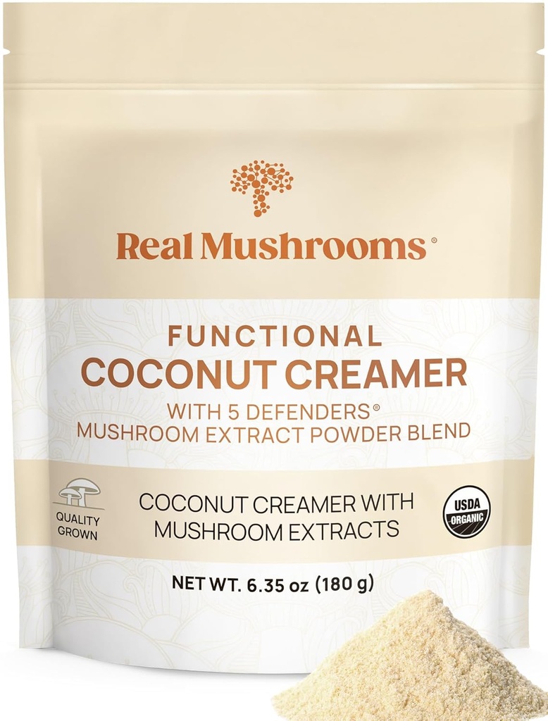 Real Mushrooms Fonksiyonel Coconut Creamer with Reishi, Lucuma & Ceylon Cinnamon – Organik, Süt-Free – Vegan Kahve Kremer for Smoothies & Drinks – 90 Servisler Organik Krem Piramit Toz Yağı Toz