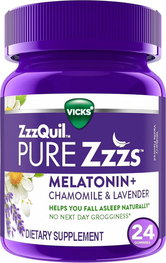 ZzzQuil PURE Zzzs Melatonin Gummies, Sleep Aid, Melatonin 2 mg, Chamomile & Lavender, Melatonin Sleep Gummies, Sleep Aids for Yetişkinler, Wildberry Vanilla Flavored, 24 Sleep Gummies