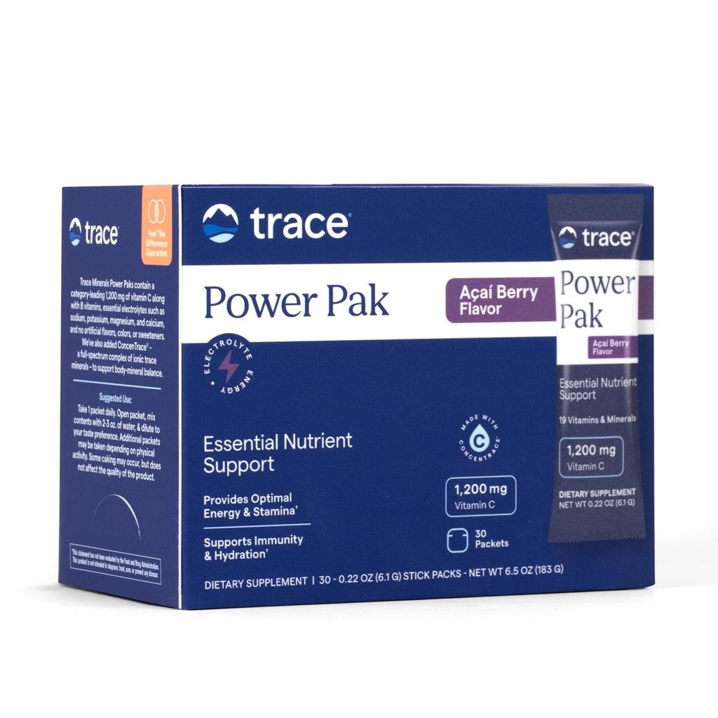Trace Minerals Power Pak Multivitamin and Multimineral Packets - Υποστήριξη ηλεκτρολυτών - 1200 mg Βιταμίνη C Plus 70 Acai Berry Flavor - 30 πακέτα