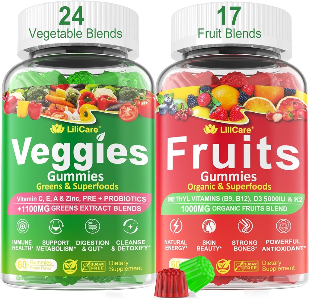 Şekersiz Meyveler ve Veggies Gummies w/D3K2, B9, B12, Magnezyum, 41+ Doğal Superfood Meyveleri ve Sebzeler Digestive & Gut Desteği için Tamam, Enerji, Nutrient Denge, Antioksit