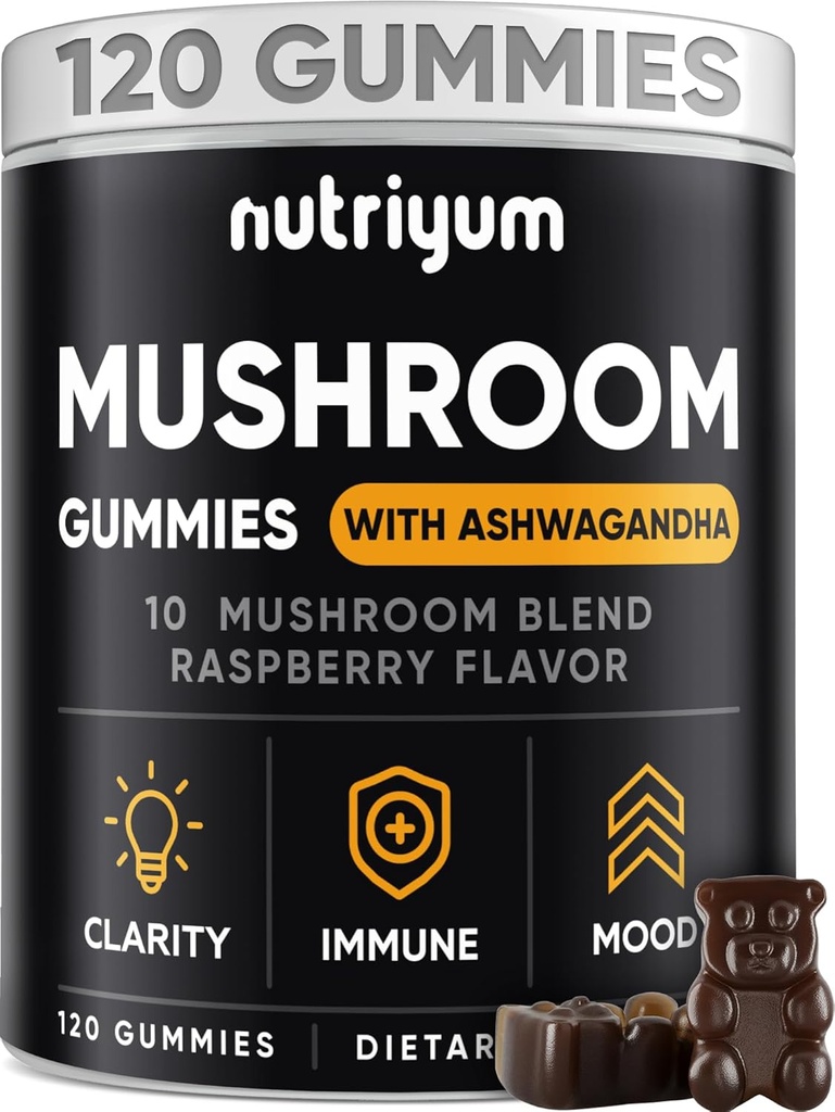 Mushroom Gummies 10 Blend 120 adet - Lions Mane, Ashwagandha, Türkiye Tail, Cordyceps, Chaga, Reishi Mushroom Kompleksi - Immune, Enerji, Clarity & Cognitive