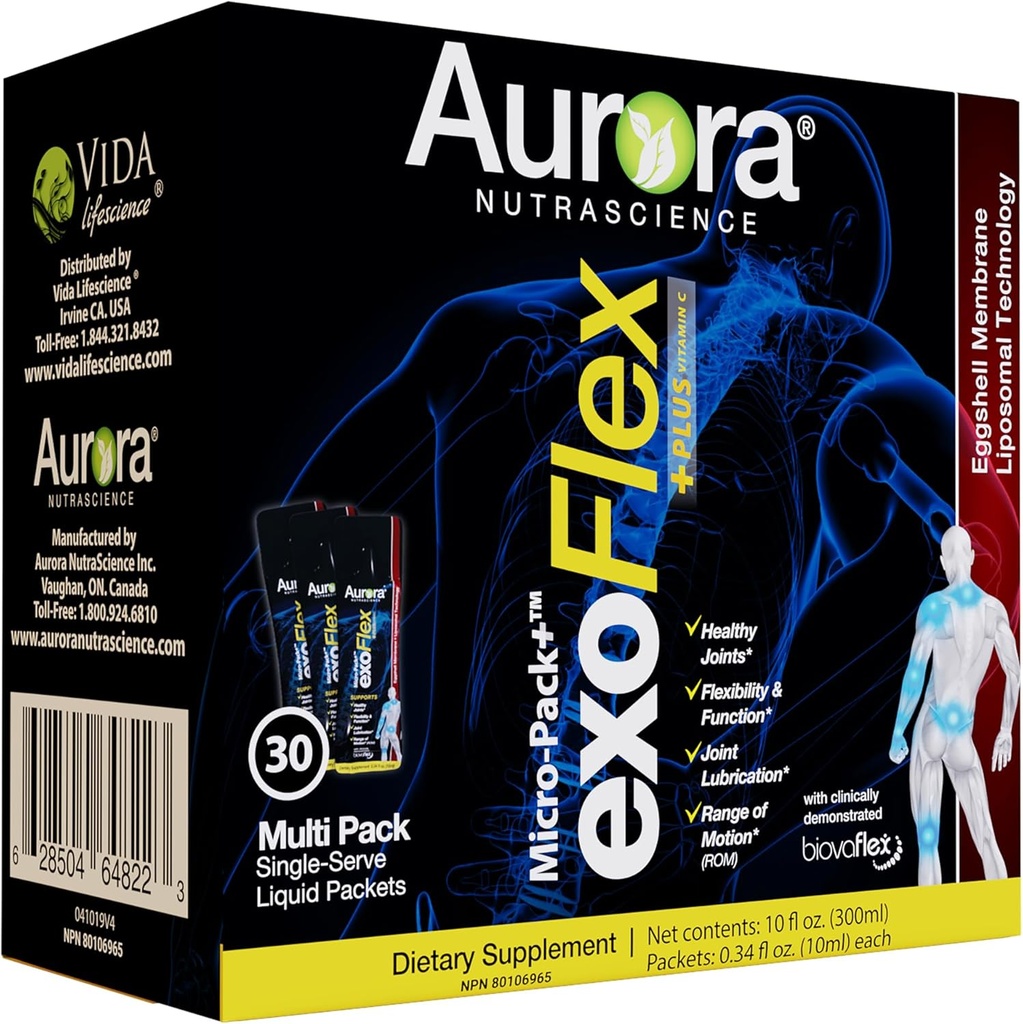 Aurora Nutrascience Micro-Pack Liposomal exoFlex+ ile C vitamini, Supports Ortak Flexability & Function, BiovaFlex Eggshell Membran, Curcumin & Boswellia, Strwaberry Flavor, 30 Single-Serve Packets