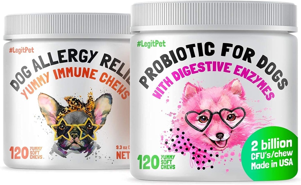 LEGITPET Vitaminler Köpekler ve Immune Support with Kelp, Colostrum & Bee Pollen 120 Yumuşak Chews and Probiyotiks for Dogs with Natural Digestive Enzymes 120 Soft Chews - Made in USA