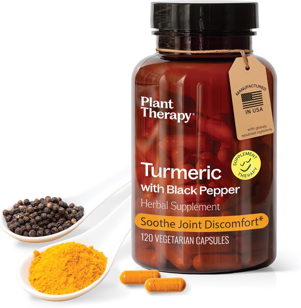 Plant Therapy Turmeric Black Pepper Supplement Capsules ABD 4 Ay Supply Supports Ortak ve Kas Health Supplements for Women & Men 120 Vegetarian Capsules