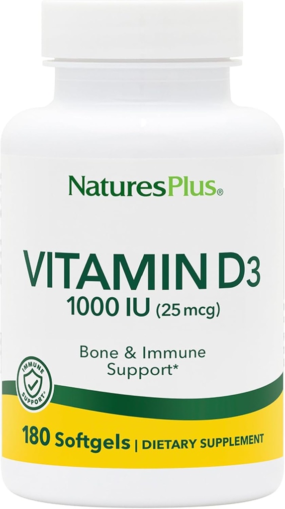 Natures Plus Vitamin D3 (Cloncalciferol) - 1000 iu, 180 Softgels - Sağlıklı Bones & Immune System Support - Bio available Active Form - Gluten-Free - 180 Servisler