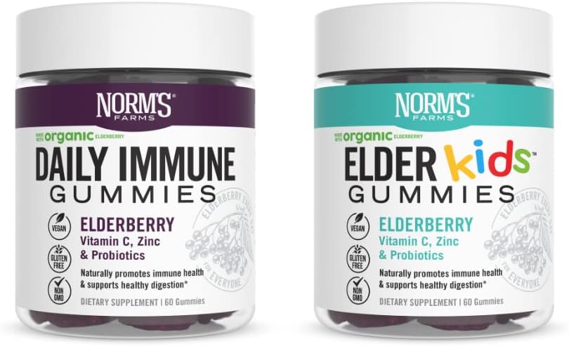 Norm's Farms Daily Immune and ElderKids Elderberry Gummies - C, çinko & Probiyotikler - Vegan, Gluten Free, Kosher, Non-GMO - 120 Gummies