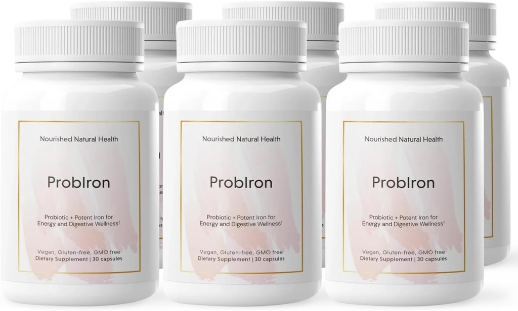 Nourished Natural Health ProbIron - Γυναικείο προβιοτικό + συμπλήρωμα σιδήρου Ενισχυμένο με βιταμίνη C και χαλκό - Vegan Formula for Energy and Digestive Wellness - 180 κάψουλες