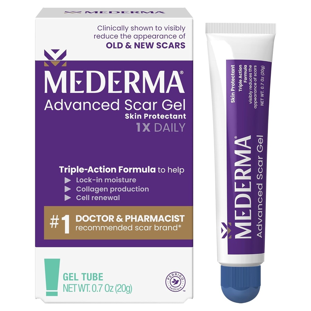 Mederma Advanced Scar Gel - Treats Old & New Scars, Μειώνει την εμφάνιση των ουλών από την ακμή, Χειρουργική, Burns, Τραύμα & Stretch Marks, 0.70 Oz (20g)