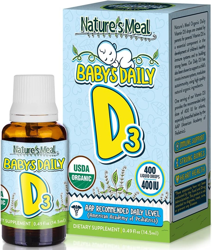 Nature's Meal - D Drops for Infants, Baby Vitamin D Drops for Immune System, Heart Health ve Bone Health, Sıvı Vitamin D3 400 I per Service, Unflavored, 14.5 ml