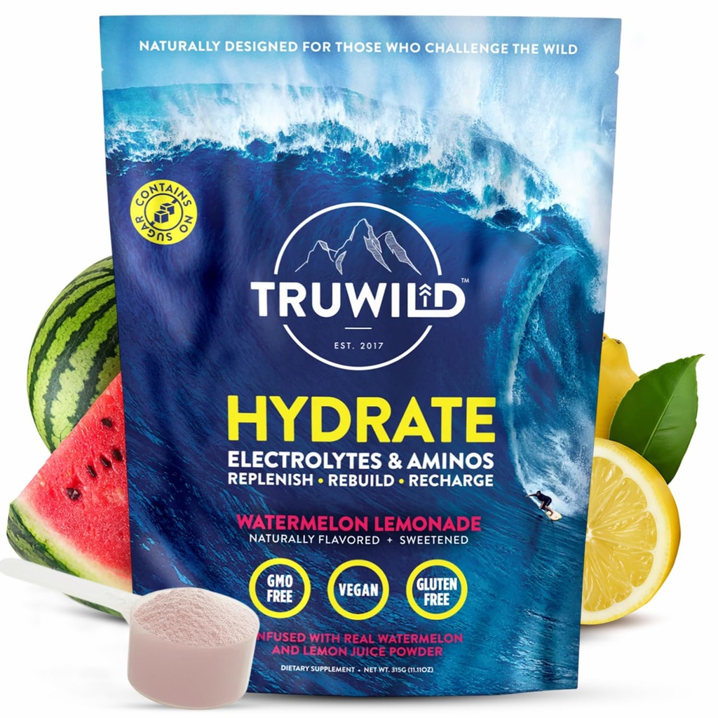 TruWild Natural Hydration Toz with Zero Sugar, Vegan Electrolytes + Bolt Acids, Recovery Drink for daily Use, Post Workout Muscle Support Supplement with Magnezyum (Watermelon Lemonade)