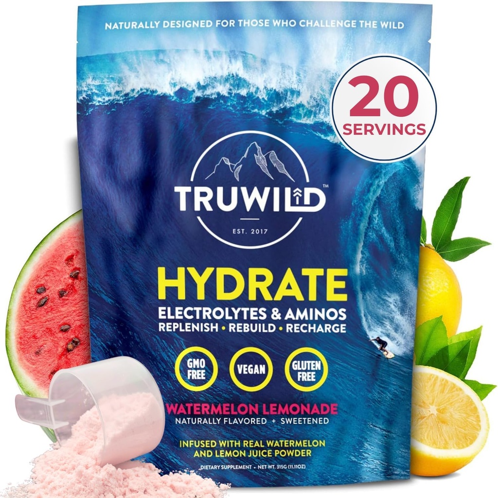 TruWild Natural Hydration Toz with Zero Sugar, Vegan Electrolytes + Bolt Acids, Recovery Drink for daily Use, Post Workout Muscle Support Supplement with Magnezyum (Watermelon Lemonade)