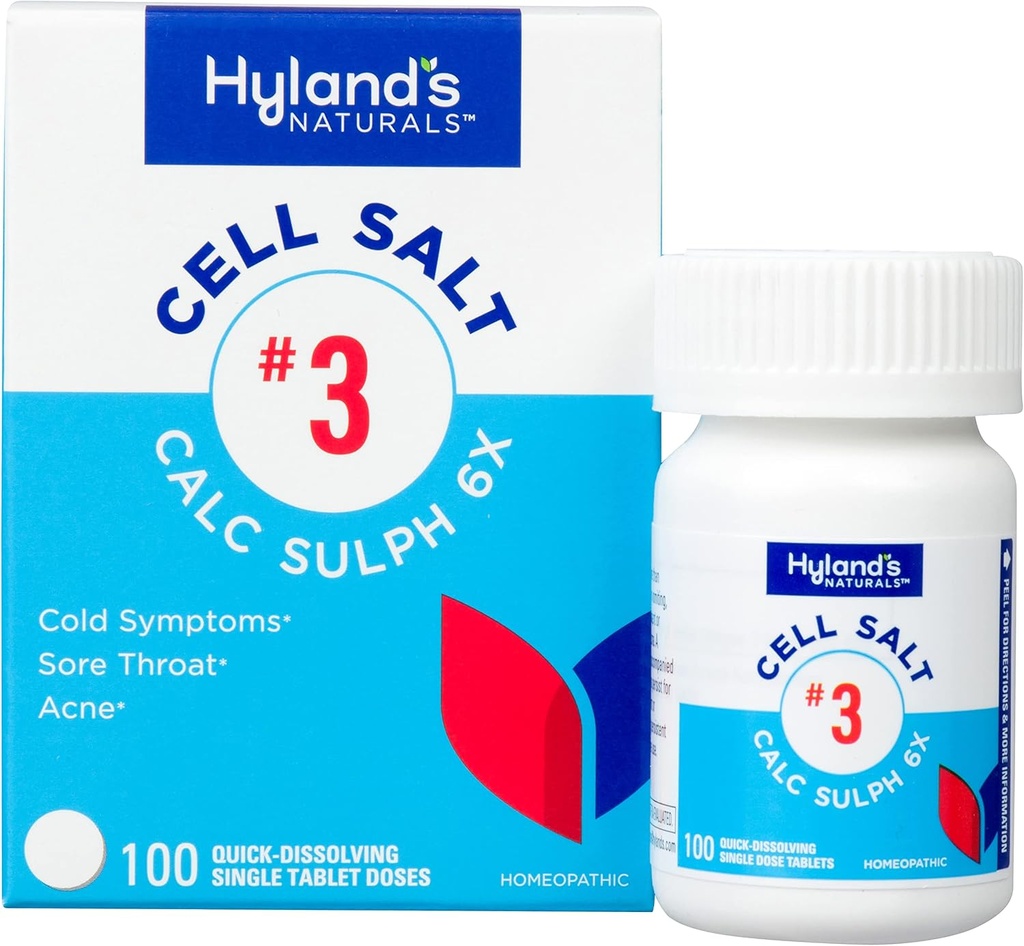 Hyland'ın Hücre Salt No. 3 Calc Sulph 6X Tabletleri, Cold Relief, Natural Homeopathic Relief of Colds, Sore Throat, Acne, Quick Discrypt Tabletleri, 100 Count