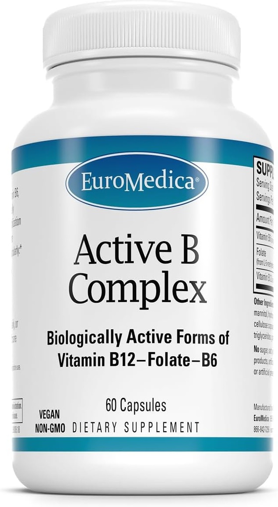 EuroMedica Active B Complex - Συμπλήρωμα για να βοηθήσει την υγεία της καρδιάς με βιοενεργές βιταμίνες Β - Συμπλήρωμα με φολικό & ασβέστιο - B Complex Κάψουλες για να βοηθήσει την υγεία & λειτουργία του νευρικού συστήματος - 60 κάψουλες