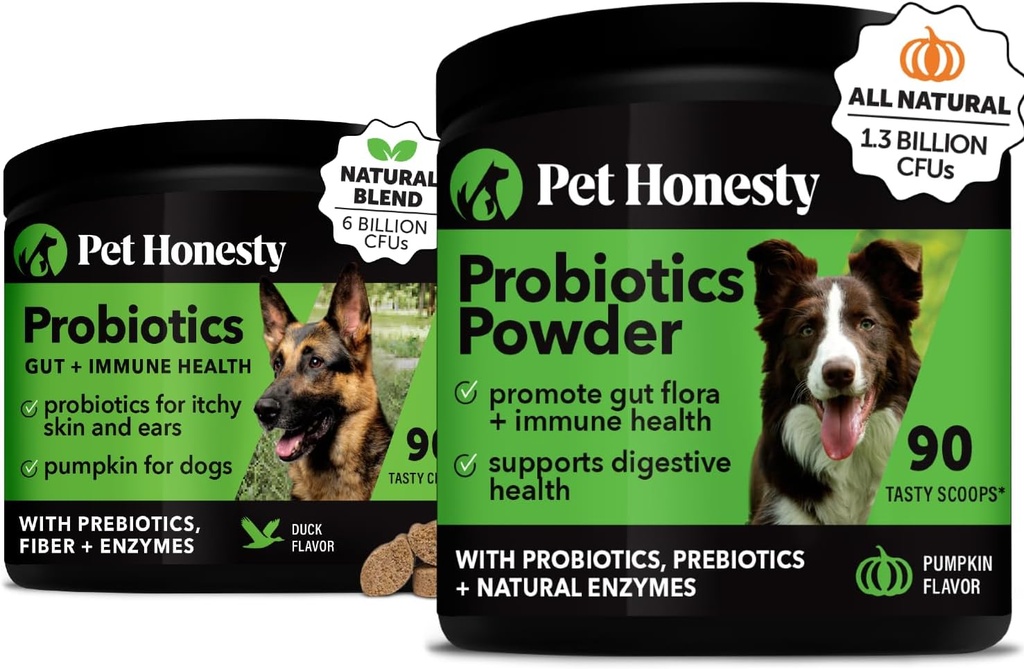 Probiotics Bundle: Προβιοτικά σκύλου για Diarrhea & Bowel Support Chews & Powder with Digestive Enzymes for Gut Health (Duck 90 ct)