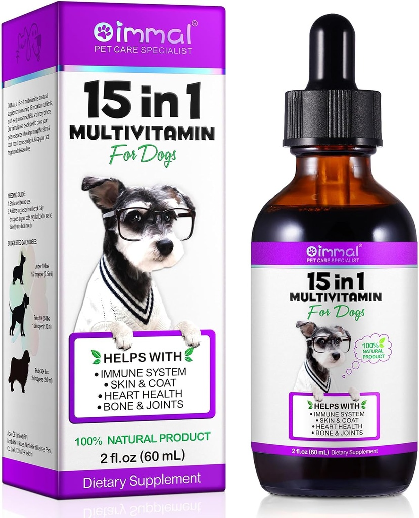Dog Multivitamin Liquid - 15 in 1 Dog Vitamins Multivitamin, Support Skin & Coat, Heart, Bones and Joint Health, Pet Vitamins and Supplements (2 Fl Oz)