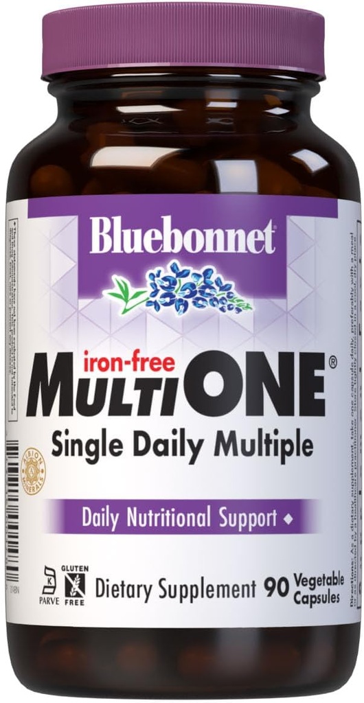 Bluebonnet Beslenme Multi One (Iron Free) Sebze Capsules, Full Spectrum Multi, B Vitaminleri, General Health, Gluten & Milk Free, Kosher, 3 Ay Supply, White, 90 Count