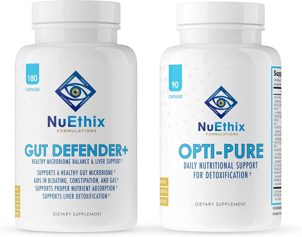 NuEthix Formulations Detoxification and Microbiome Balance Supplement Sche of Opti-Pure, 30 Hizmet ve Gut Defender+, 90 Hizmet