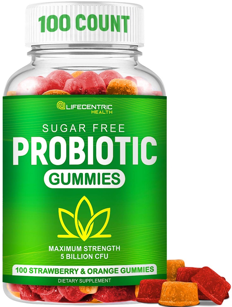 Yetişkinler ve Çocuklar için Probiyotik Gummies Max Strength 5 Milyar CFU | Organik Sugar Free Gummies for Digestive Health | 100 Count Vegan Gluten Free Chewable Probiyotiks Gummies for Men Women and Children