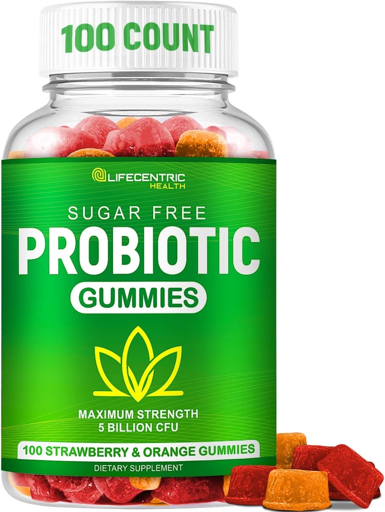 Yetişkinler ve Çocuklar için Probiyotik Gummies Max Strength 5 Milyar CFU | Organik Sugar Free Gummies for Digestive Health | 100 Count Vegan Gluten Free Chewable Probiyotiks Gummies for Men Women and Children