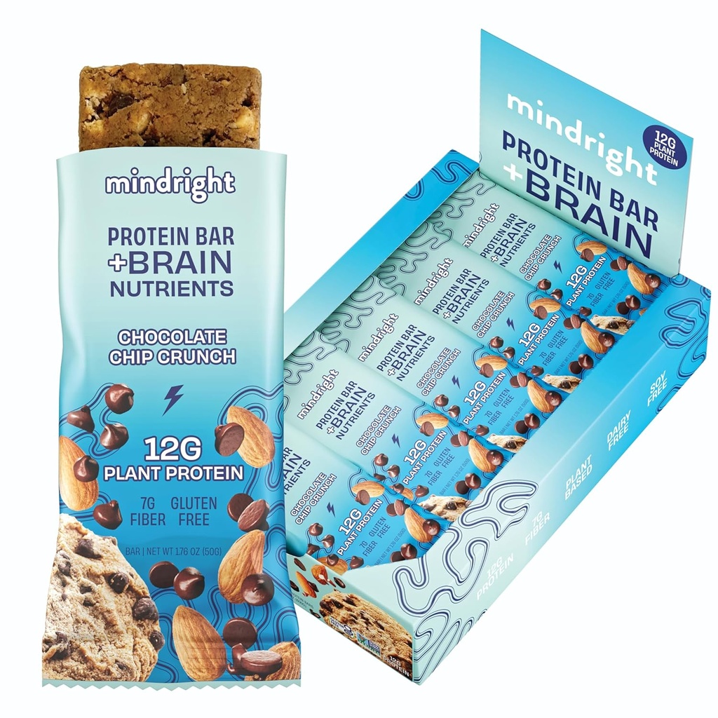 Mindright Superfood Vegan protein Bar - Gluten Free, Non-Gmo, Low Sugar - Brain Food Snack to improve Mood, Energy, and Focus - Pack of 12 (Chocolate Chip Crunch)