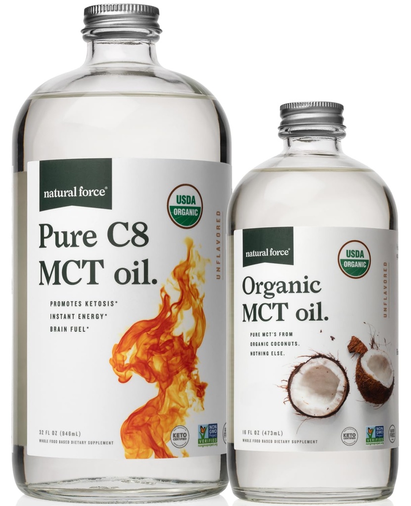 Doğal Kuvvet Organik Saf C8 + Organik Full Spectrum MCT Petrol – USDA Organik, GMO,% 100 Pure Coconut MCTs – Keto, Paleo, Vegan ve Kosher – 32 Oz & 16 Oz Glass Şişe