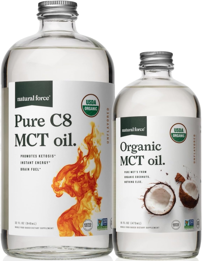Doğal Kuvvet Organik Saf C8 + Organik Full Spectrum MCT Petrol – USDA Organik, GMO,% 100 Pure Coconut MCTs – Keto, Paleo, Vegan ve Kosher – 32 Oz & 16 Oz Glass Şişe