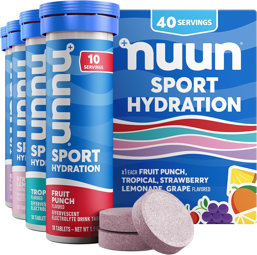 Nuun Sport Electrolyte Tablets with Magnesium, Calcium, Potassium, Chloride & Sodium, Gluten Free & Vegan, Mixed Flavors, 4 Pack (40 Servings Total)