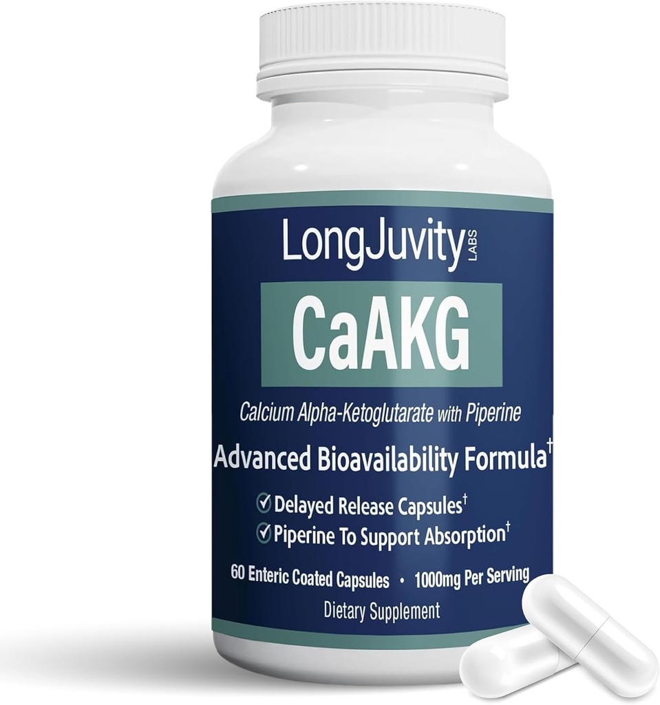 LongJuvityelli Alpha-Ketoglutarate Time release AKG Supplement (1.000 mg Per Service) - Gut Heath, Bone Health, Anti Aging & Longevity - Bağımsız Lab Test Edildi (60 İnic Cover Capsules)