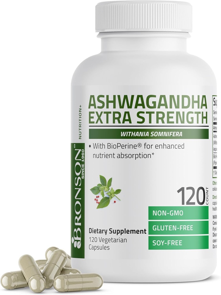Bronson Ashwagandha Extra Strength Stress & Mood Support with BioPerine - Non GMO Formula, 120 Vegetarian Capsules