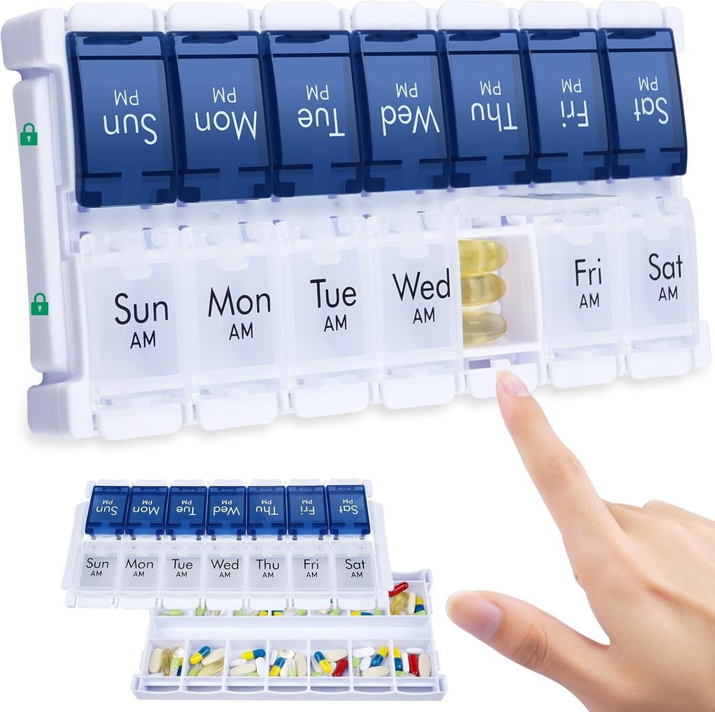 MERICARGO Weekly Pill Organizer 2 Times a Day, Easy Fill Large Pill Box 7 Day, Am Pm Medicine Organizer, Push Button Daily Pill Case for Vitamin, Fish Oil, Supplements
