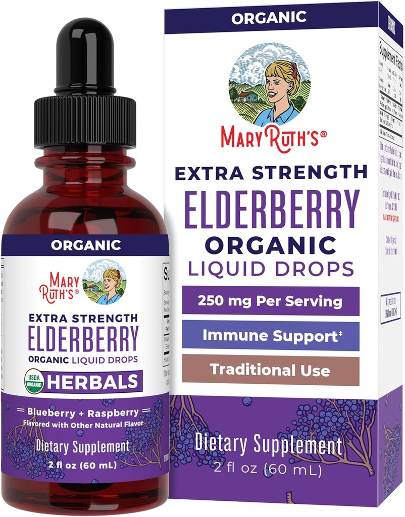 MaryRuth Organics Elder Syrup Ekstra Kuvvet, USDA Organik Yaşlılar, Sugar Free Yetişkinler & Çocuklar Immune Support Supplement for Ages 1+, Clean Label Project  Valid®, Vegan, Gluten Free, 2 Fl Oz Oz