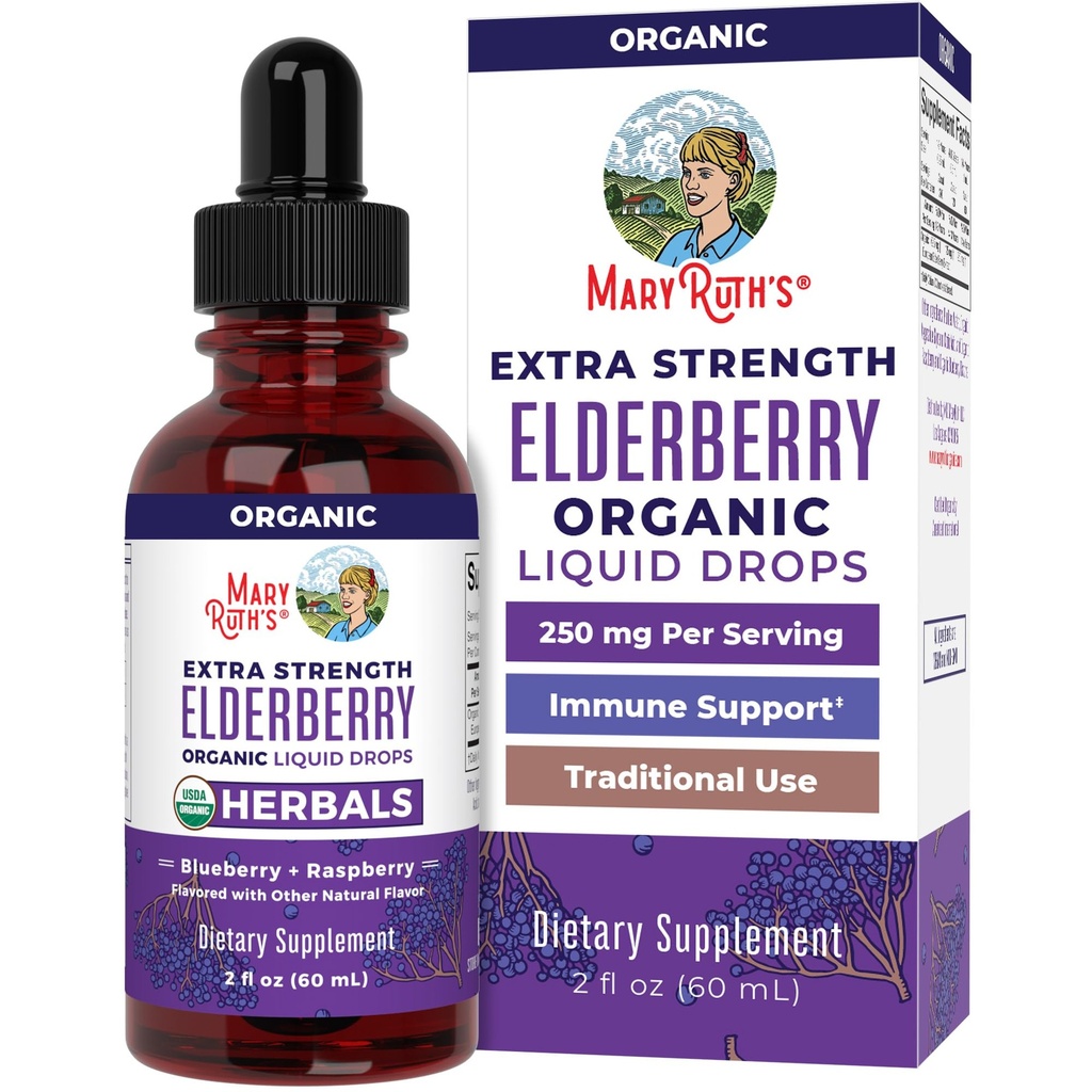 MaryRuth Organics Elder Syrup Ekstra Kuvvet, USDA Organik Yaşlılar, Sugar Free Yetişkinler & Çocuklar Immune Support Supplement for Ages 1+, Clean Label Project  Valid®, Vegan, Gluten Free, 2 Fl Oz Oz