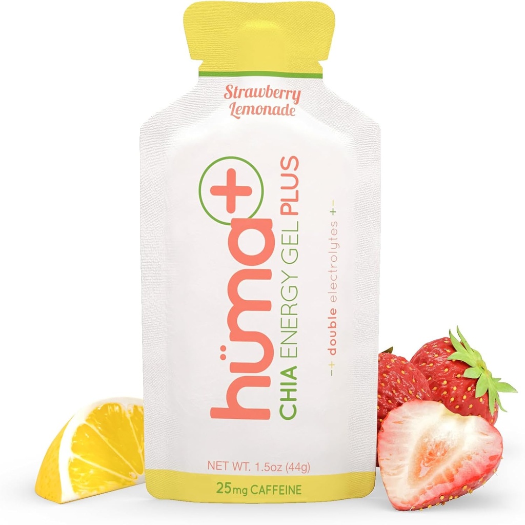 Huma Plus - Chia Energy Gel, Λεμονάδα φράουλα, 24 Gels, 25mg καφεΐνη - Στομάχι φιλικό, Real Food Energy Gels