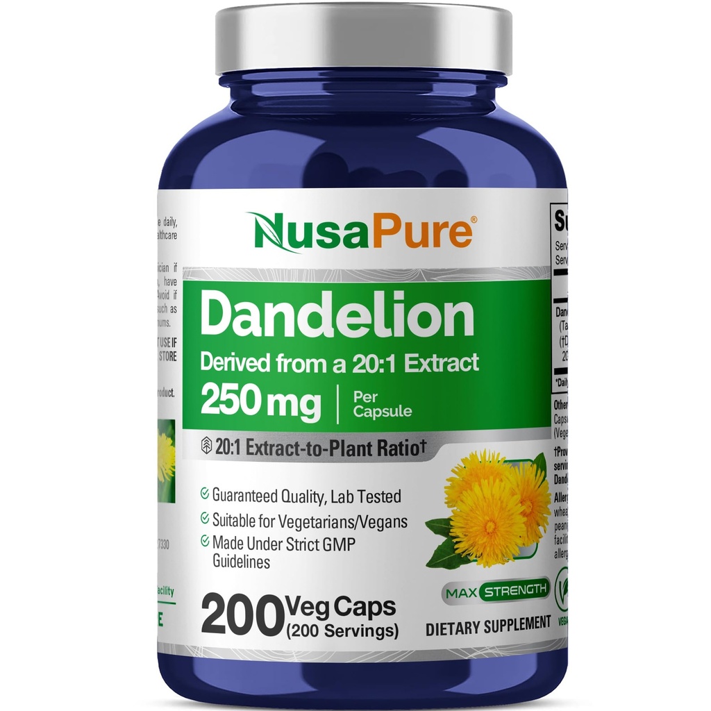 NusaPure Dandelion Root 20:1 Extract, 250 mg Ισοδύναμο με 5000mg 200 κάψουλες Veg (Vegan, Non-GMO)