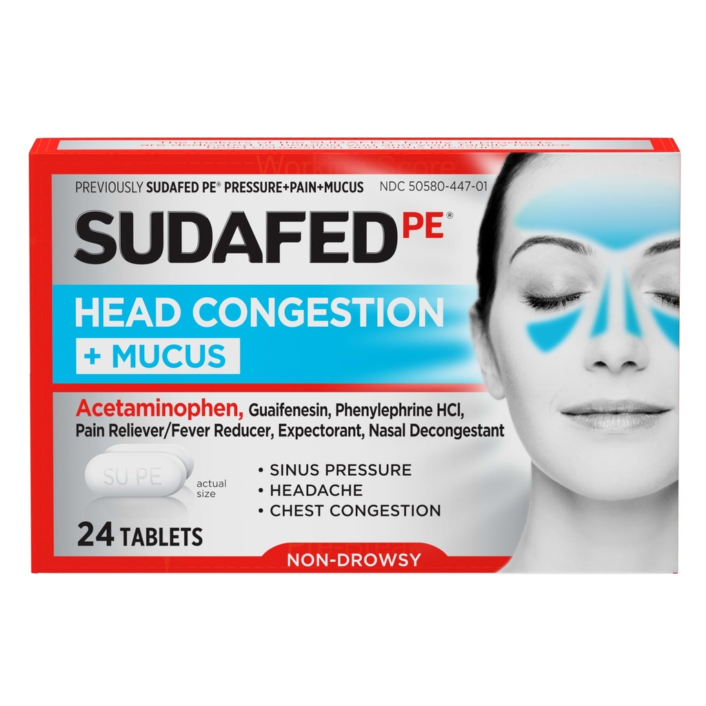 Sudafed PE Head Congestion + Mucus Relief Tabletleri Sinus Baskısı, Congestion, & Headache, Non-Drowsy Decongestant with Acetaminophen, Guaifenesin & Phenylephrine HCI, 24 ct