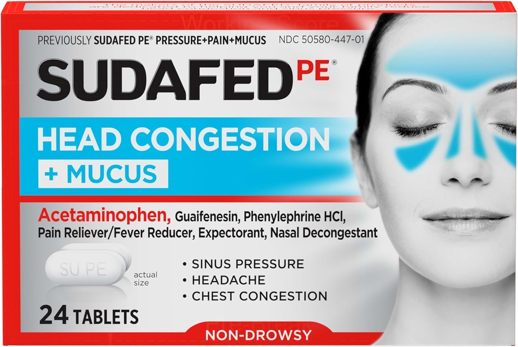 Sudafed PE Head Congestion + Mucus Relief Tablets for Sinus Pressure, Congestion, & Headache, Non-Drowsy Decongestant with Acetaminophen, Guaifenesin & Phenylephrine HCI, 24 ct
