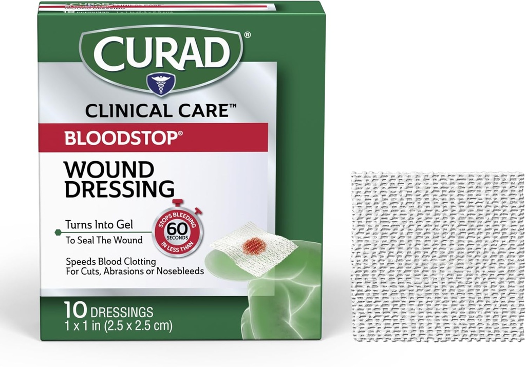 CURAD Blood Stop® Yara Giymek | 1" x 1" | Hemostatik Gauze Bleeding Rapid | For Cuts, Abrasions or Nosebleeds | 10 Count