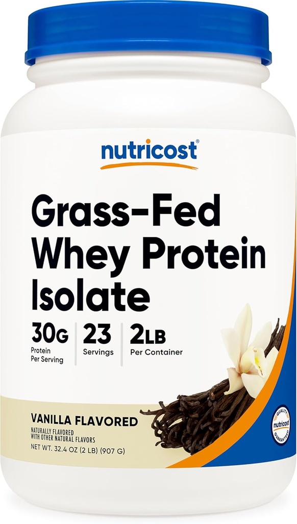 Nutricost Grass-Fed Whey Protein Isolate (Vanilla) 2LBS - Non-GMO, Gluten Free, Natural Flavors