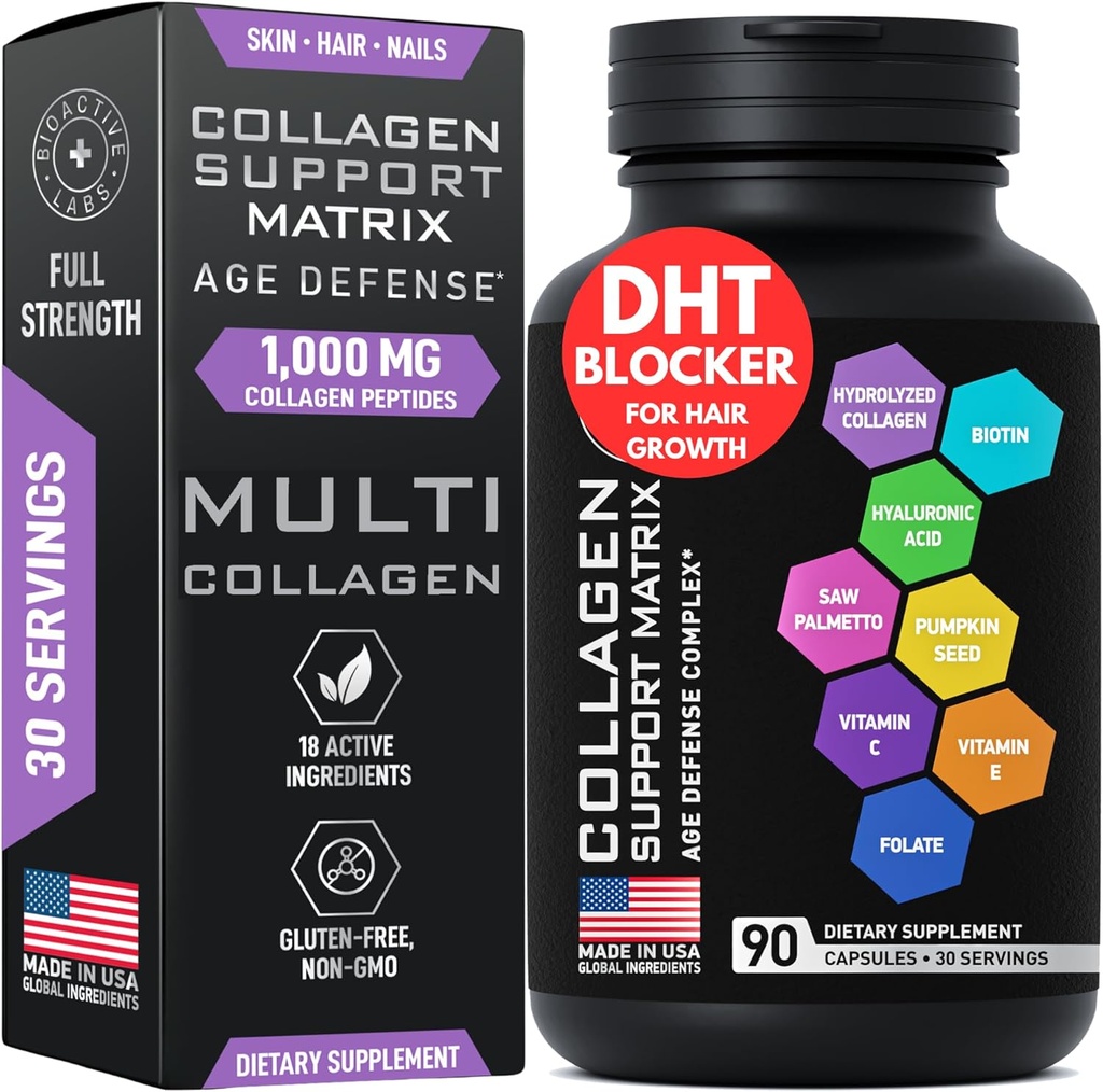 Age Defense Beauty Collagen Matrix - 2.000 mg Multi Collagen Biotin Keratin Hyaluronic Acid Saw Palmetto C Supplement Kompleksi - Saç Büyümesi için Erkekler ve Kadınlar için Kripto Blok - 90 Gluten-Free Caps
