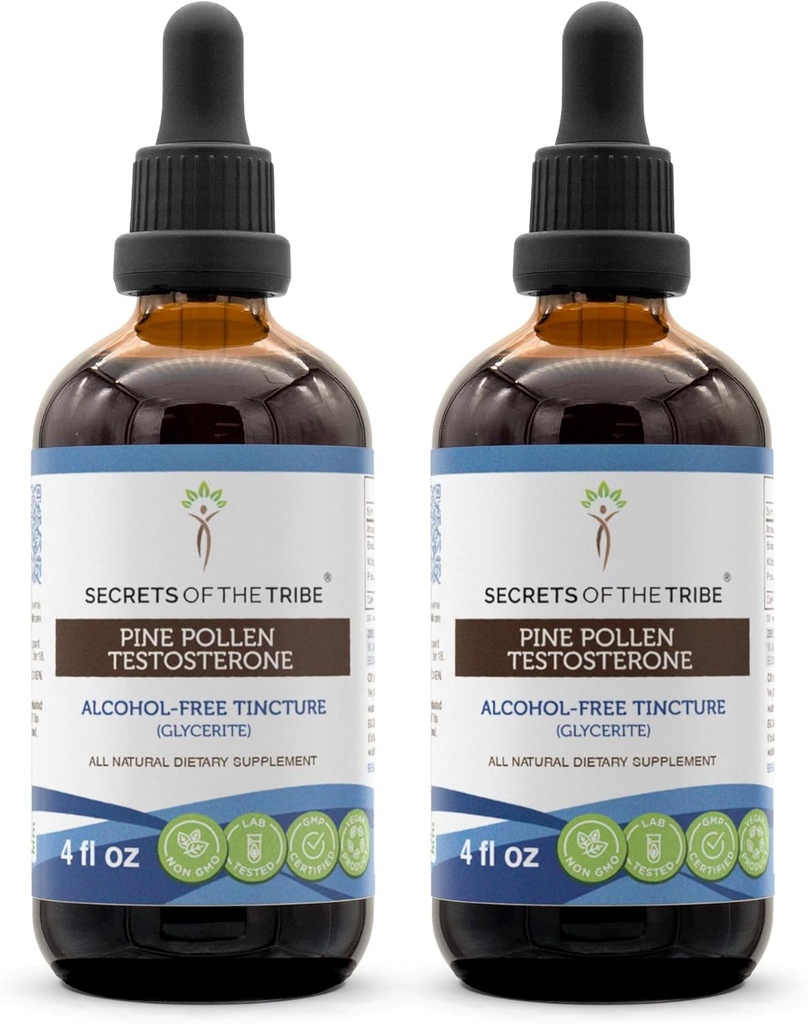 Secrets of the Tribe Pine Pollen Testosterone Tincture Alcohol-Free Extract, Wildcrafted Pine Pollen (Scots Pine, Pinus sylvestris) Dried Pollen (2x4 FL OZ)