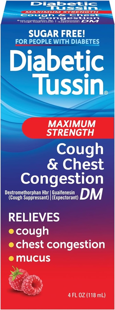 Diabetic Tussin DM Maksimum Kuvvetli Cough ve Chest Congestion Relief Liquid Cough Syrup, Diabetics için Güvenli, Berry Flavored, 4 Fl Oz (Pozitifin Paketi)