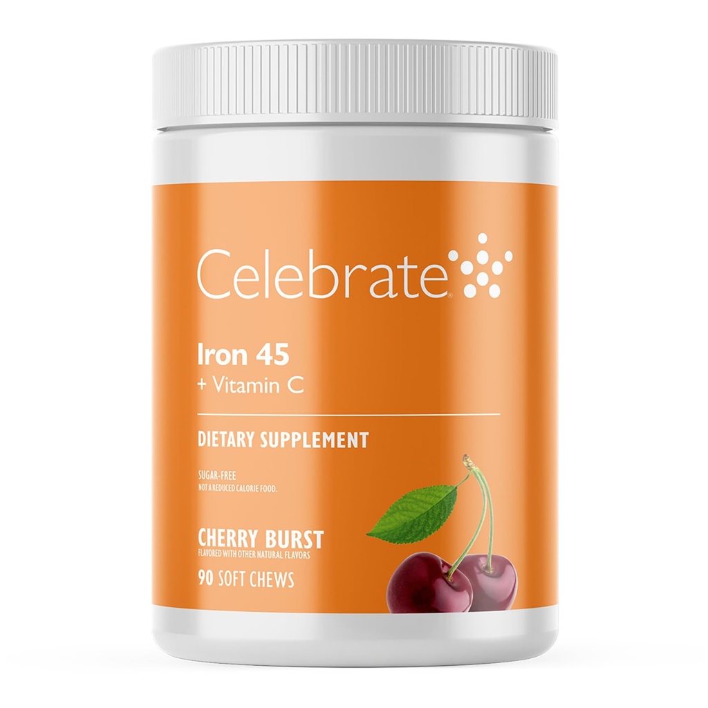 C ile Vitamin Demir Supplement - 45 mg Demir, 60 mg Vitamin C, Bariatrik Vitaminleri WLS Hastaları, Dikey Kol ve Gastrik Bypass Cerrahisi - Cherry, 90 Soft Chews