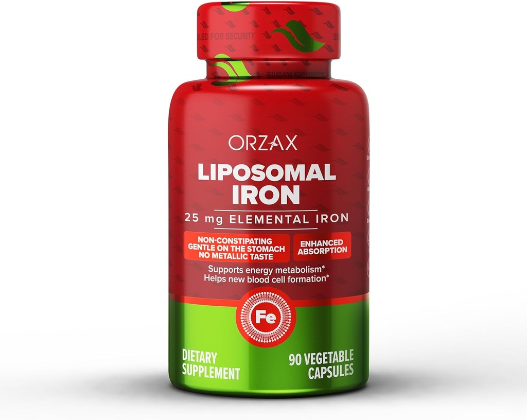 ORZAX Iron Supplement 25 mg -Liposomal Technology- High Bioavailability 90 Vegetable Capsules, Helps New Blood Cell Production, Non-Constipating, Non-GMO & Gluten Free, for Women, Men, Adults