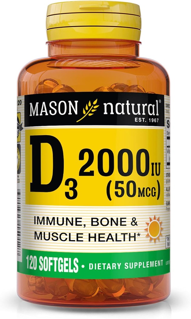 MASON NATURAL Vitamin D3 2,000 IU Ultra Güçlü, Kemik Yoğunluğu, Güçlü ve Immune Health, 120 Softgels