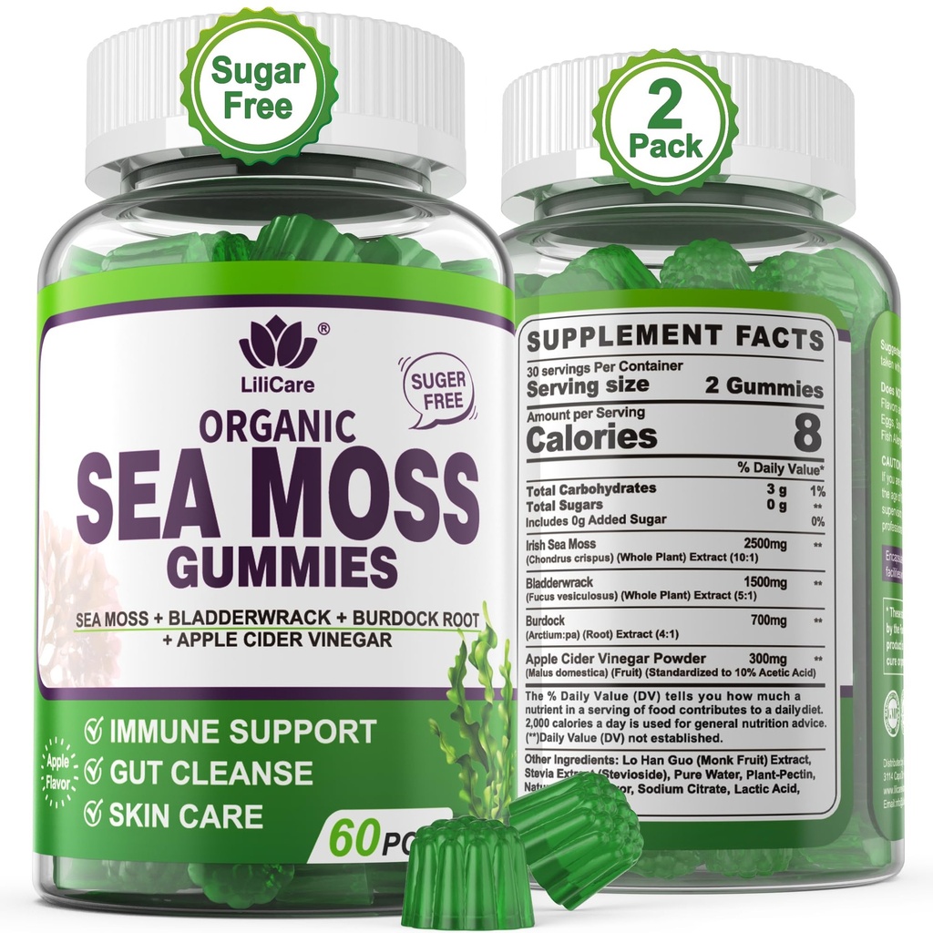 (2 Pack) Sea Moss Gummies - Ιρλανδική θάλασσα Moss Gummies για ενήλικες & παιδιά - Advanced Superfood Seamoss συμπλήρωμα με Βιολογικό Bladderwrack & Burdock Root Extract, ACV για την καθημερινή ανοσοποίηση, Gut Cleanse, Vegan