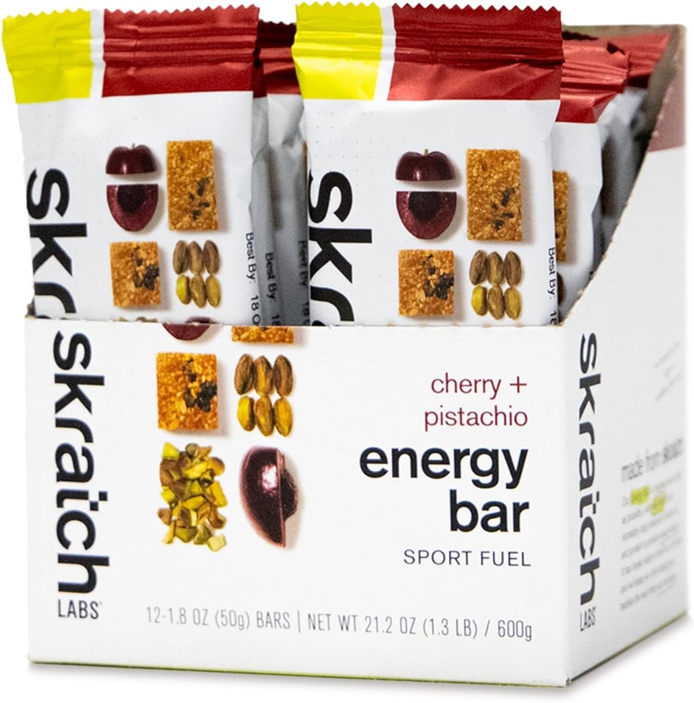 Skratch Labs Energy Bar | Cherry + Pistachio (12 Pack) | Plantive Health Snack | Low Sugar - 5g Protein | Non-GMO, Gluten Free, Soy Free, Vegan, Kosher