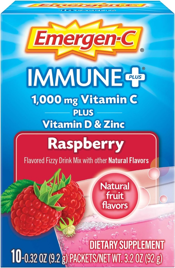 Emergen-C Immune+ Vitamin C 1000 mg Toz, Plus Vitamin D ve çinko (Raspberry Flavor), Immune Support Diyetary Supplement Fizzy Drink Mix, Antioksis & Electrolytes, 0.32 Ounce (Pazar 10)