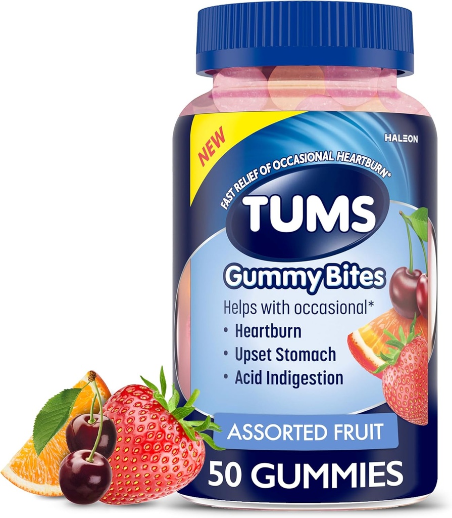 TUMS Gummy Bites Diyetary Supplement for Occasional Heartburn Relief, Upset Stomach and Acid Indigestion, Assorted Fruit Flavors - 50 Count Count Count