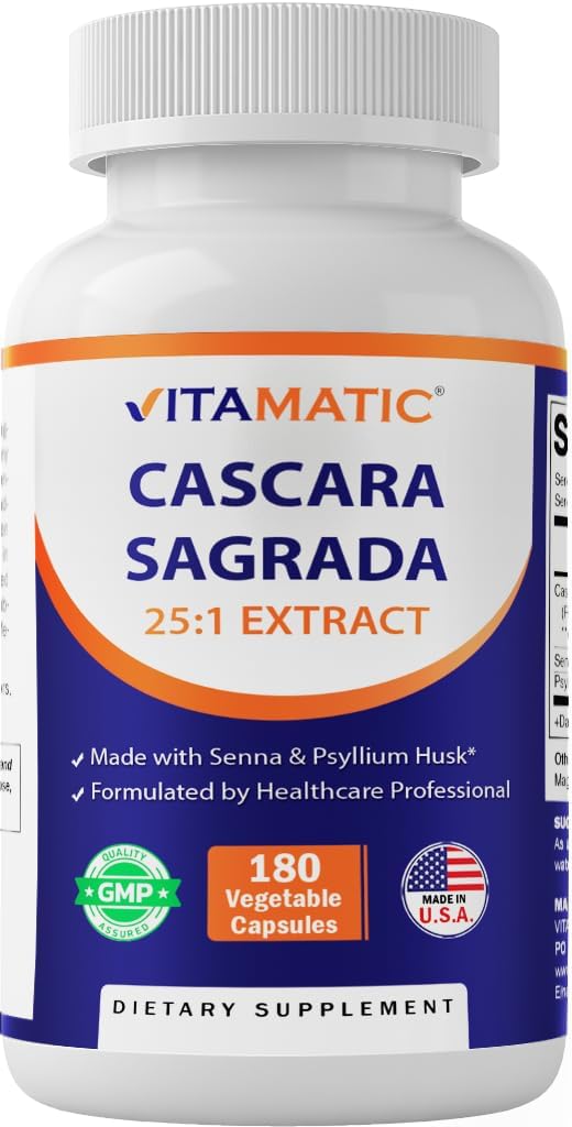 Vitamatic Cascara Sagrada Senna & Psyllium Husk - 180 Veg Capsules - Interd 25X Potency - All Natural - Non-GMOMO